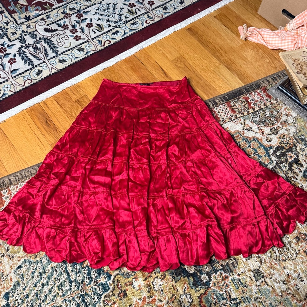 Red silk tiered midi skirt